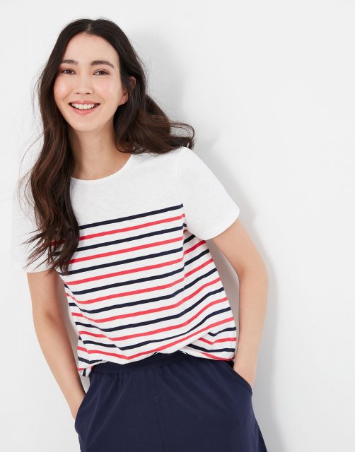 Joules Harbour Stripe Short Sleeve Button Shoulder Top - Cream Stripe