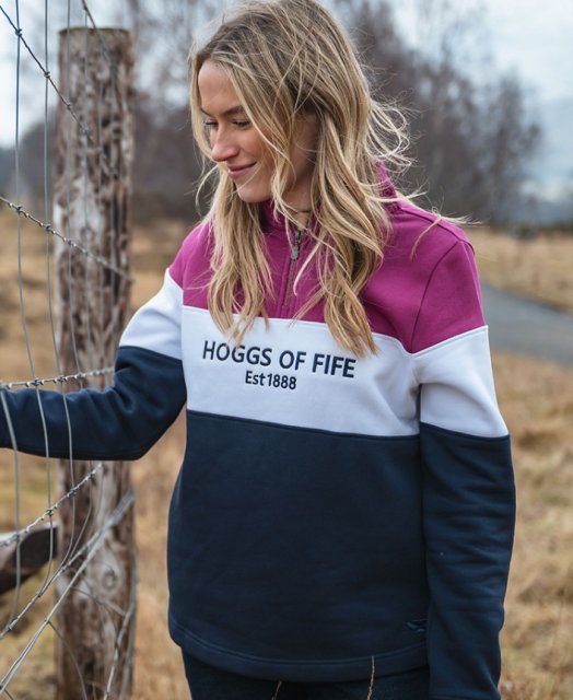 Hoggs Dumfries 1888 Ladies 1/4 Zip Sweatshirt Berry/White/Navy